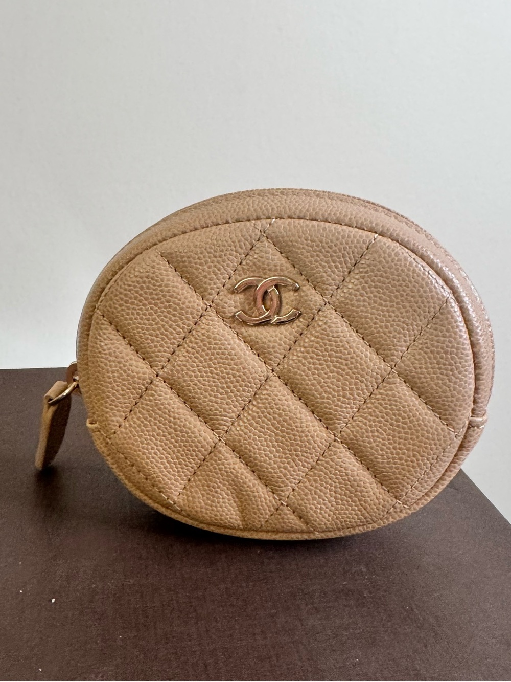 CHANEL Tan Quilted Round Coin Pouch with CC Hardware